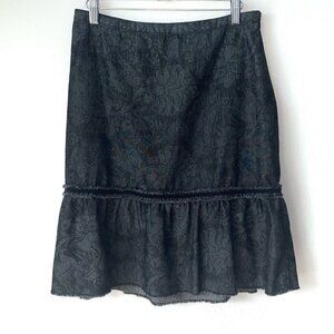 Free People Ruffled Skirt Womens 7/8 Black Zip Close Raw Hem Embroidery fall